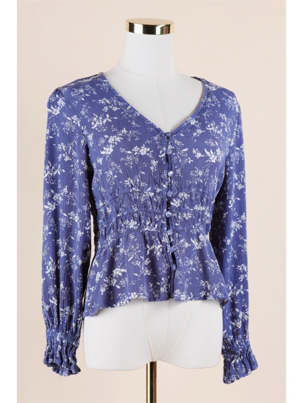 Sz S Promesa Blue & Cream Dainty Floral Button Down Flare Cuff Peasant Top NWT